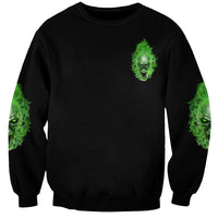 Unisex crewneck sweatshirt, black with neon green skull graphic on chest and sleeves
