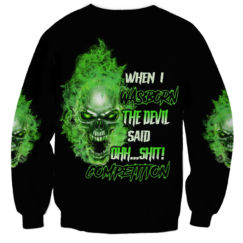Unisex crewneck sweatshirt, black with large neon green skull and white slogan on back