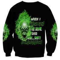 Unisex crewneck sweatshirt, black with large neon green skull and white slogan on back