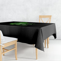 Black tablecloth with neon green skull and graphic text design
