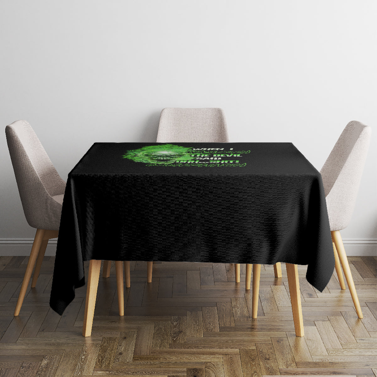 Black square tablecloth with neon green skull text graphic
