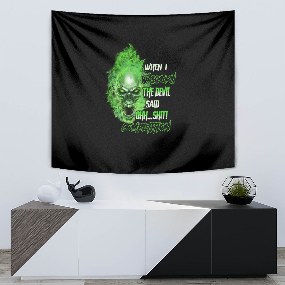 Black tapestry with neon green skull face and phrase text, rectangular cloth wall-hanging