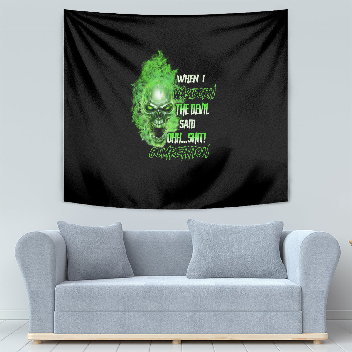 Black tapestry with neon green skull graphic and quote text, rectangular wall-hanging cloth
