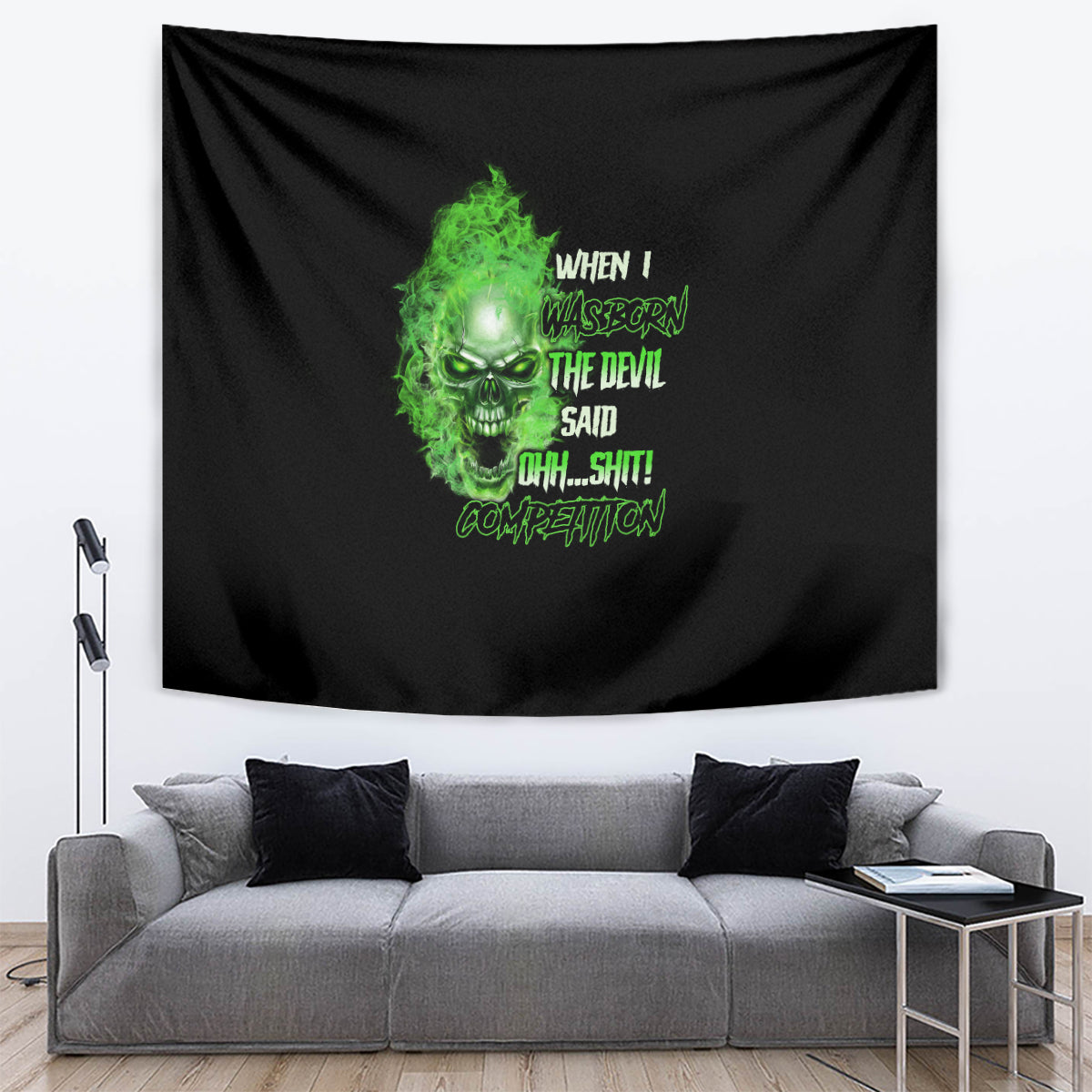 Black tapestry with neon green skull face and phrase text, rectangular wall-hanging cloth