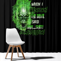 Black window curtain with neon green skull graphic panel design