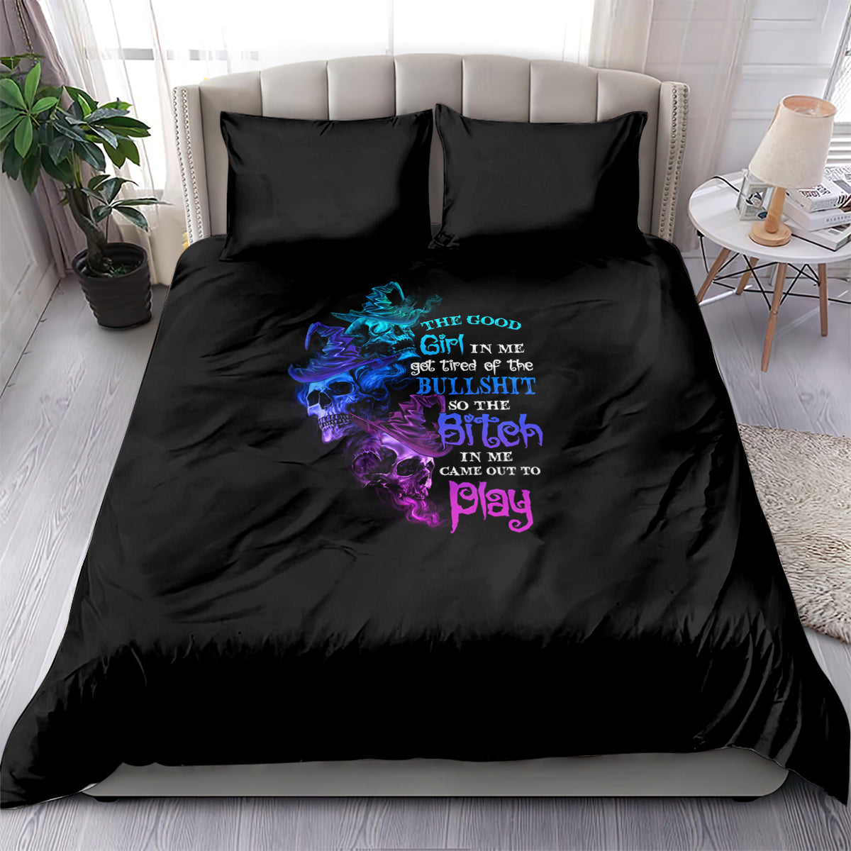 Black Halloween bedding set with multicolor skull witch graphic on comforter and pillowcases
