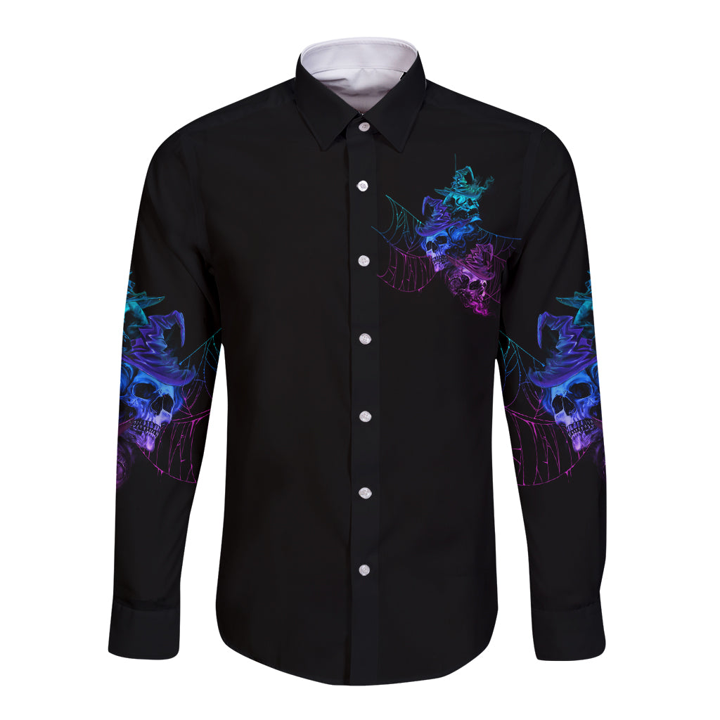 Black long-sleeve button shirt with blue-purple skull witch graphic on chest and sleeves