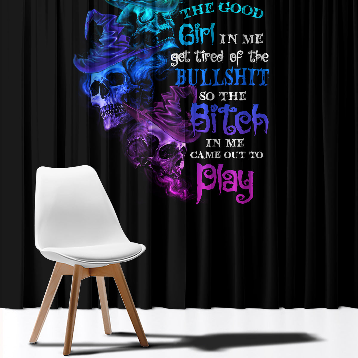 Halloween window curtain, black with multicolor skull witch graphic on one panel