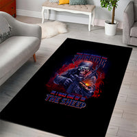 Black area rug with centered red-blue warrior graphic and bold multicolor text