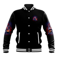 Black unisex baseball varsity jacket with snap buttons and colorful front chest graphic