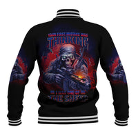 Black unisex baseball varsity jacket with striped rib collar and large back skull text graphic