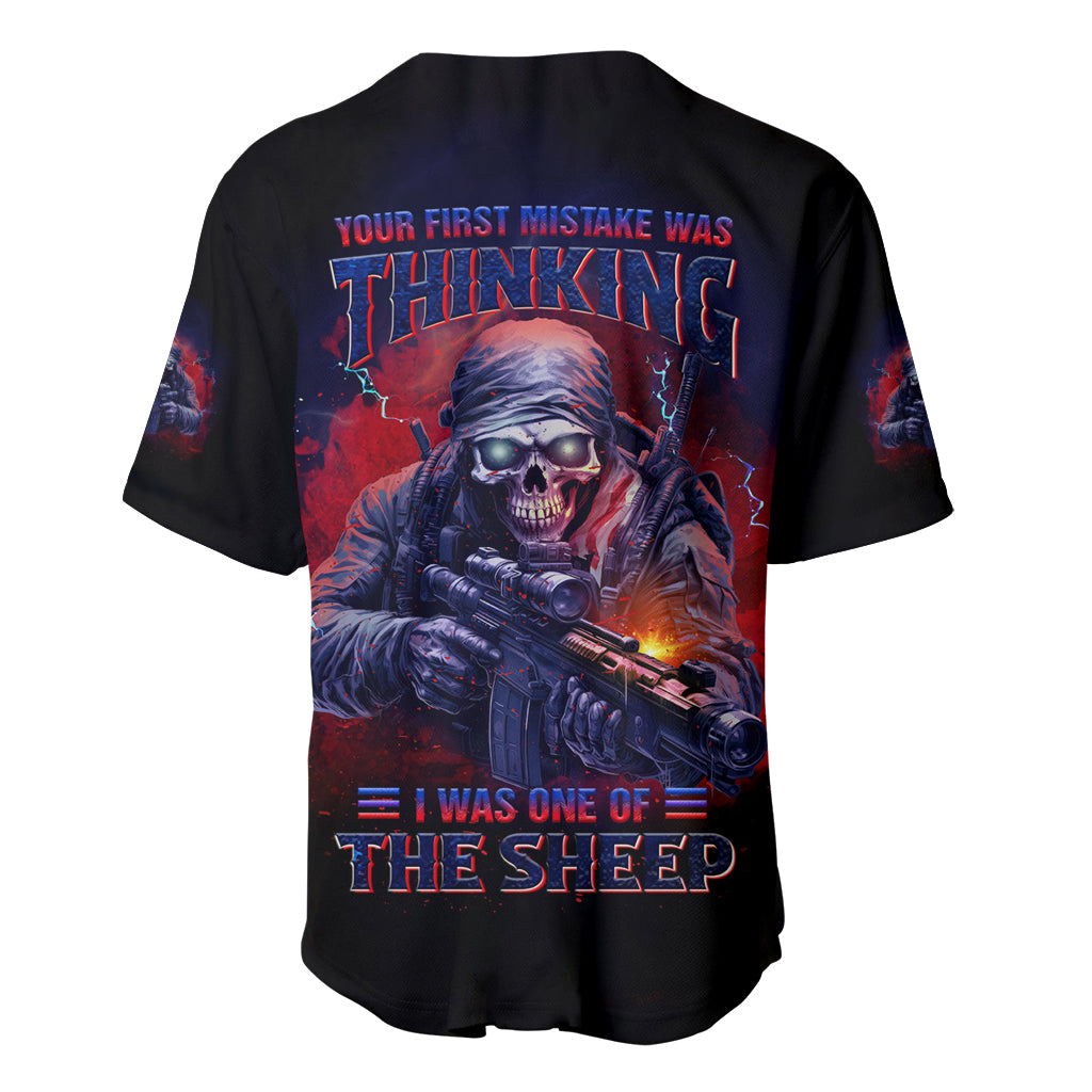 Black baseball jersey back, large colorful skull rifle graphic with text and emblem