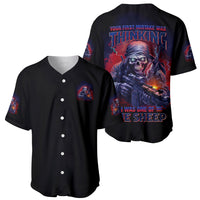 Black baseball jersey front and back, button-up with skull graphic and bold lettering