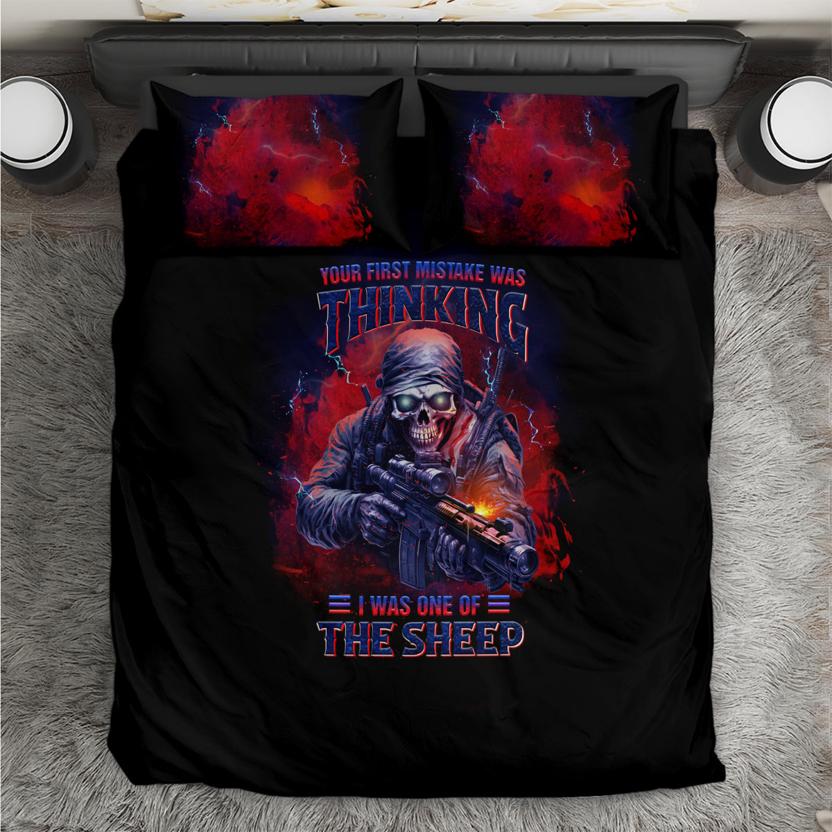 Black duvet cover with red character graphic and two pillowcases