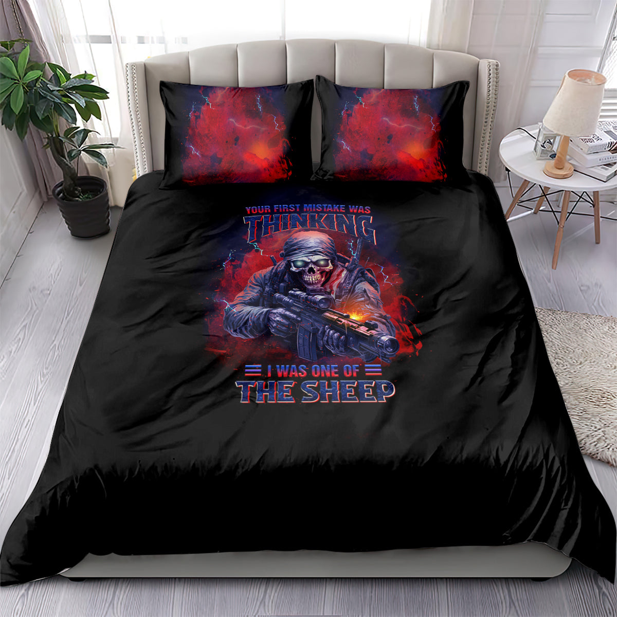 Black bedding set with red illustrated warrior-style graphic and two matching pillowcases