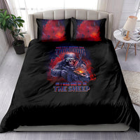 Black bedding set with red illustrated warrior-style graphic and two matching pillowcases