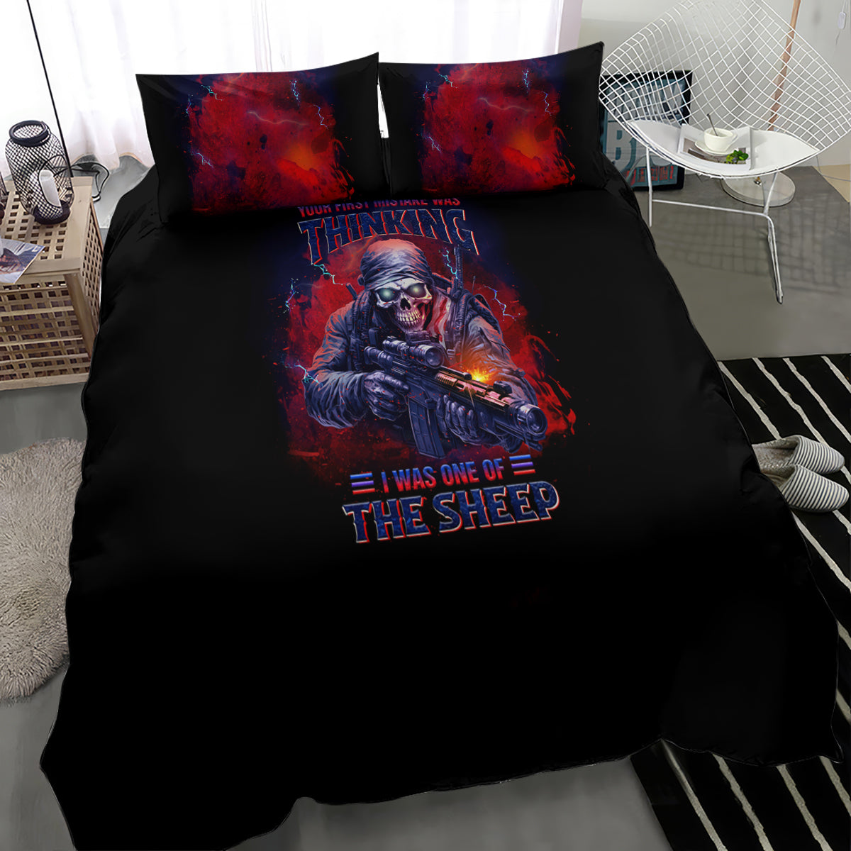 Black bedding set with large red character print on duvet and two red pillowcases
