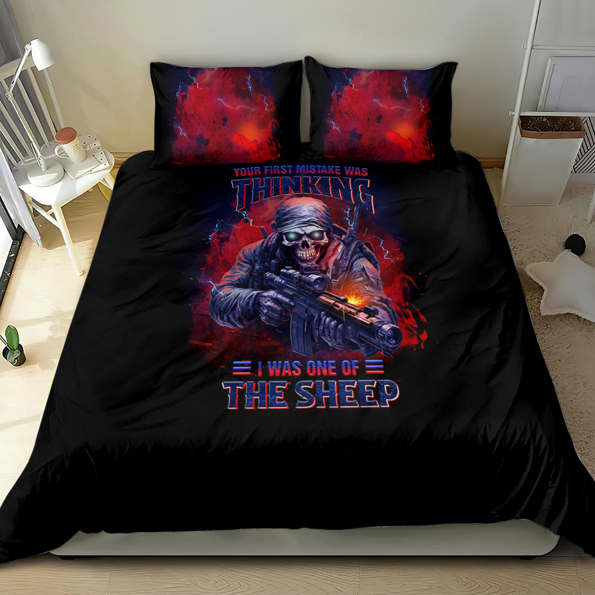 Black bedding set featuring red character graphic on duvet and two matching pillows