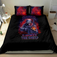 Black bedding set featuring red character graphic on duvet and two matching pillows