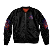 Unisex black bomber jacket with front zip and red/blue graphic sleeves