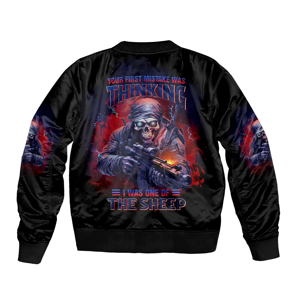 Unisex black bomber jacket with back red/blue graphic print and ribbed collar/hem