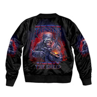 Unisex black bomber jacket with back red/blue graphic print and ribbed collar/hem