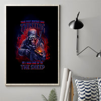 Framed canvas wall art with dark skull soldier graphic and red-blue text