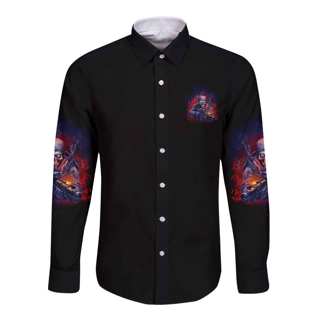 Black long-sleeve button-up shirt with small chest graphic and colorful sleeve prints