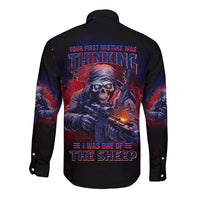 Black long-sleeve button-up shirt with large back graphic featuring skull and rifle