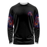 Unisex long sleeve shirt, black with red-blue skull rifle graphic on chest and sleeves
