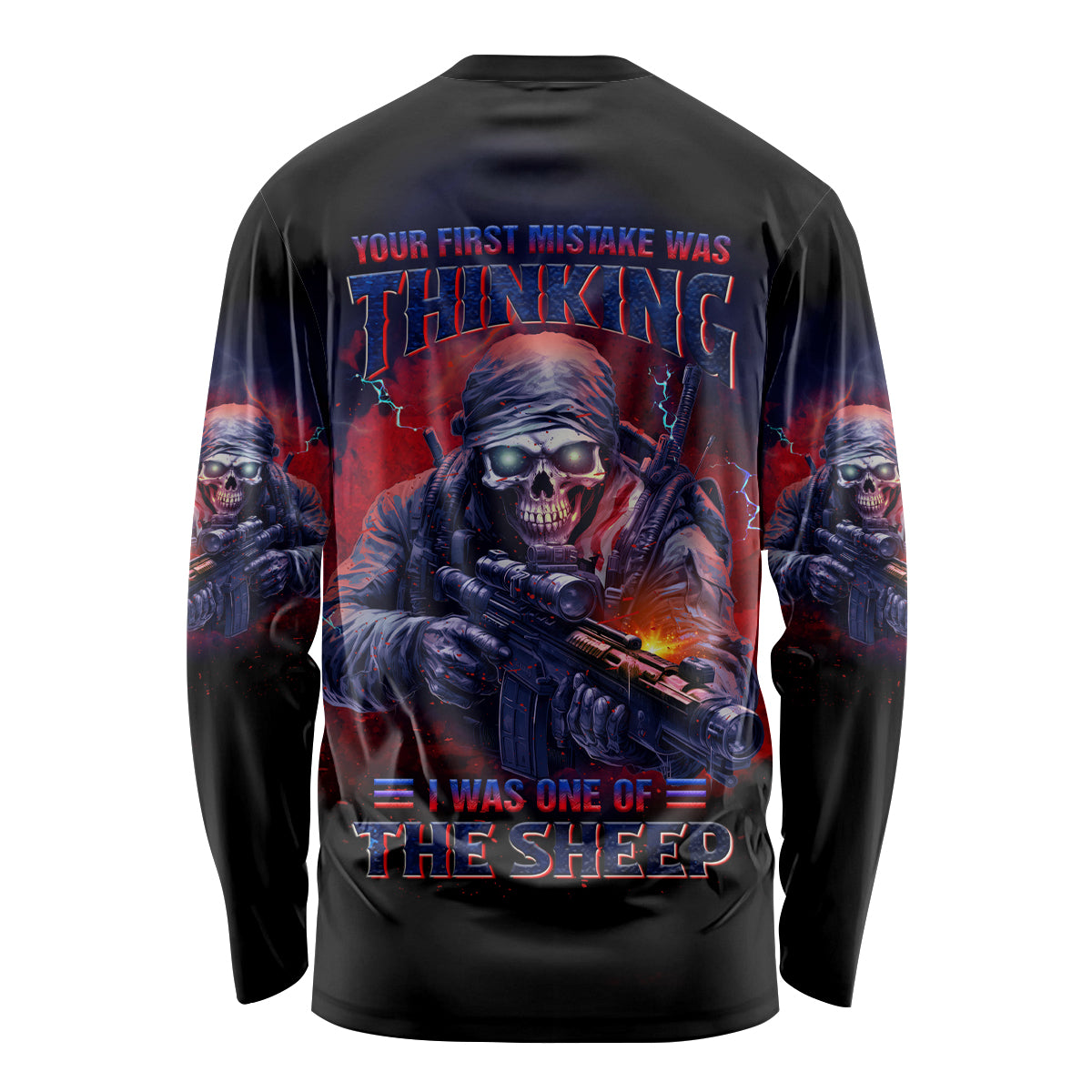 Unisex long sleeve shirt, black with back text and skull rifle graphic in red and blue
