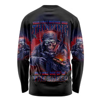 Unisex long sleeve shirt, black with back text and skull rifle graphic in red and blue