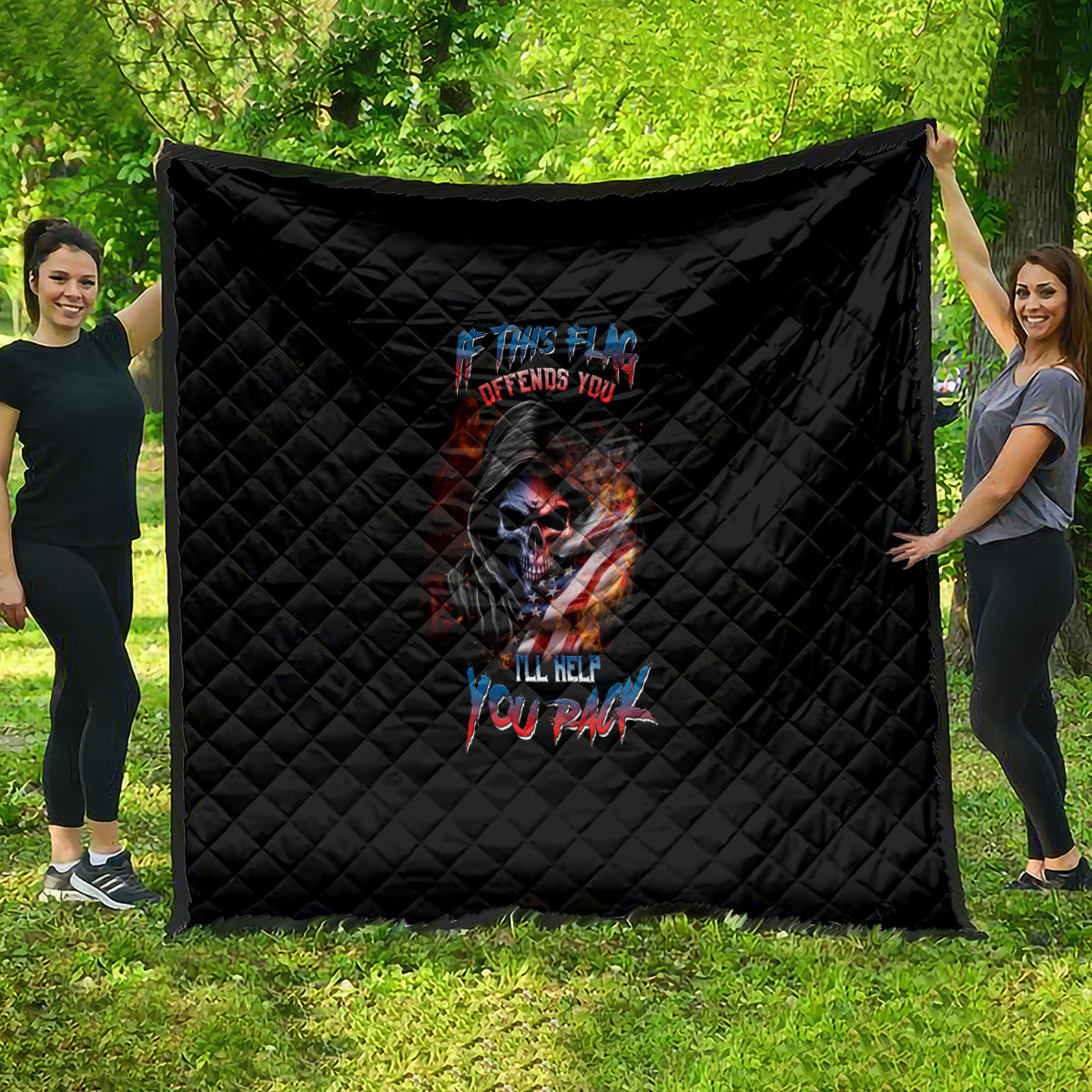 Black quilt blanket with diamond stitching and red-blue skull graphic