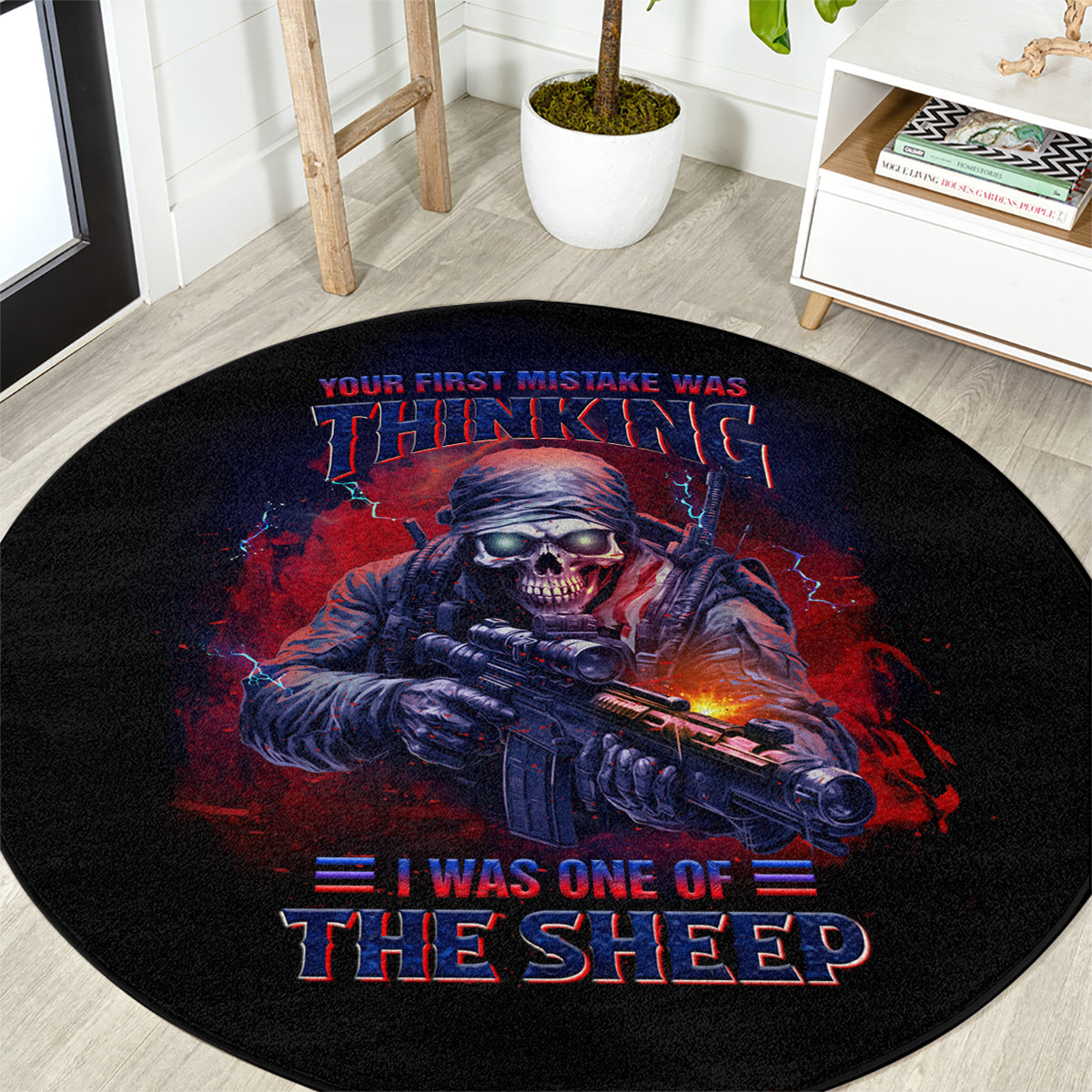 Round black circular graphic carpet with centered red/blue skull soldier sheep graphic