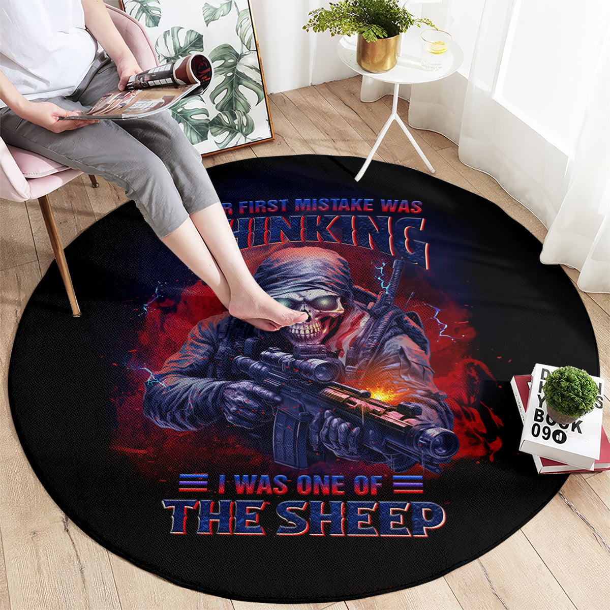 Round black circular graphic carpet with red/blue skull soldier sheep illustration