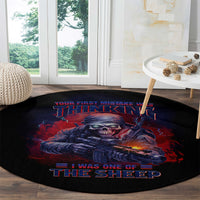 Round black circular graphic carpet with red/blue skull soldier sheep artwork, angled view