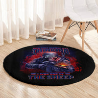 Round black circular graphic carpet with red/blue skull soldier sheep artwork, partial view