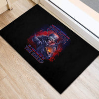 Black rubber doormat with skull shooter illustration and red-blue multicolor warning text