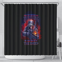 Black shower curtain with gun-wielding skull soldier graphic, full width