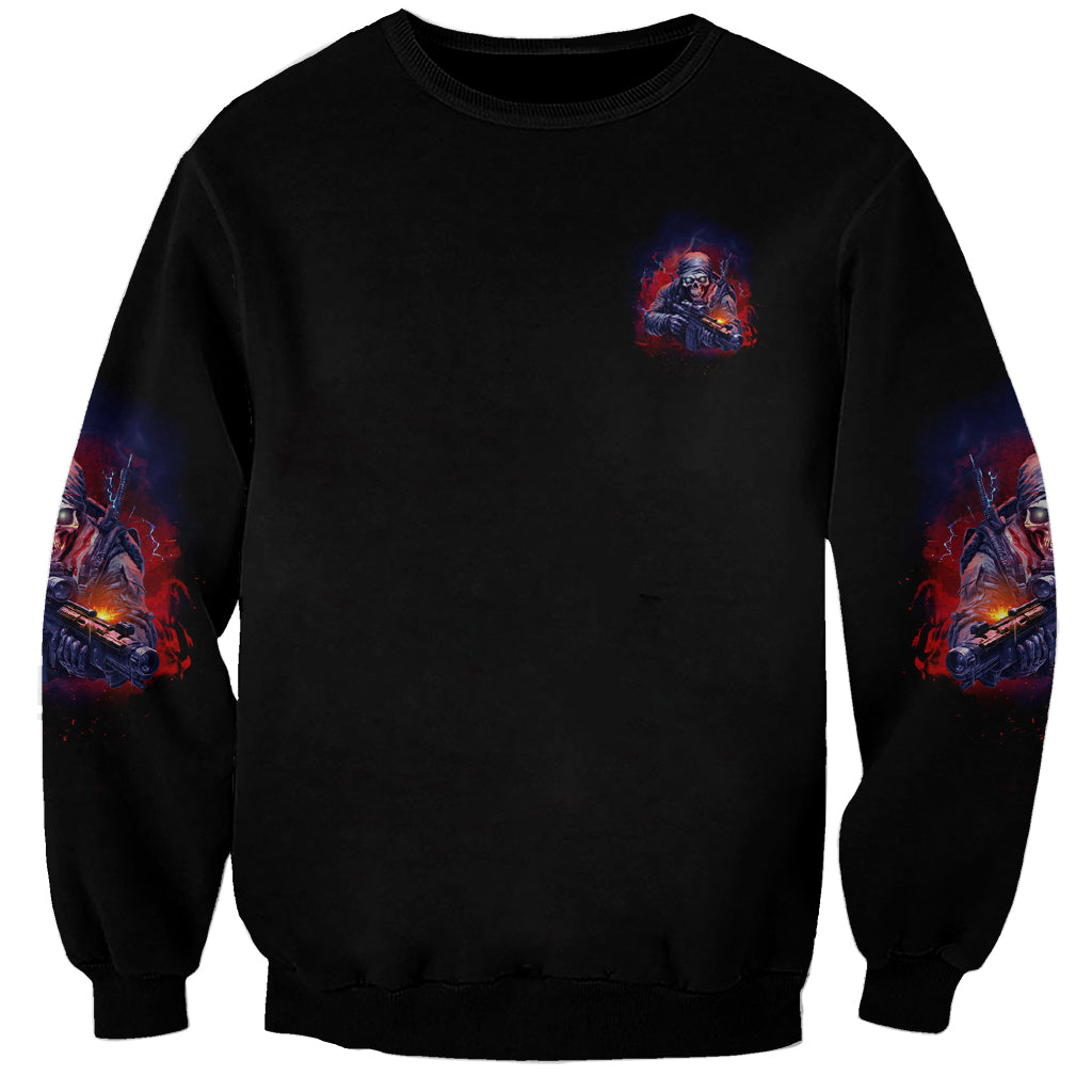 Unisex black sweatshirt with small chest graphic and matching sleeve prints