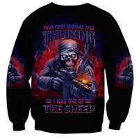 Unisex black sweatshirt with back graphic skull soldier and bold red text