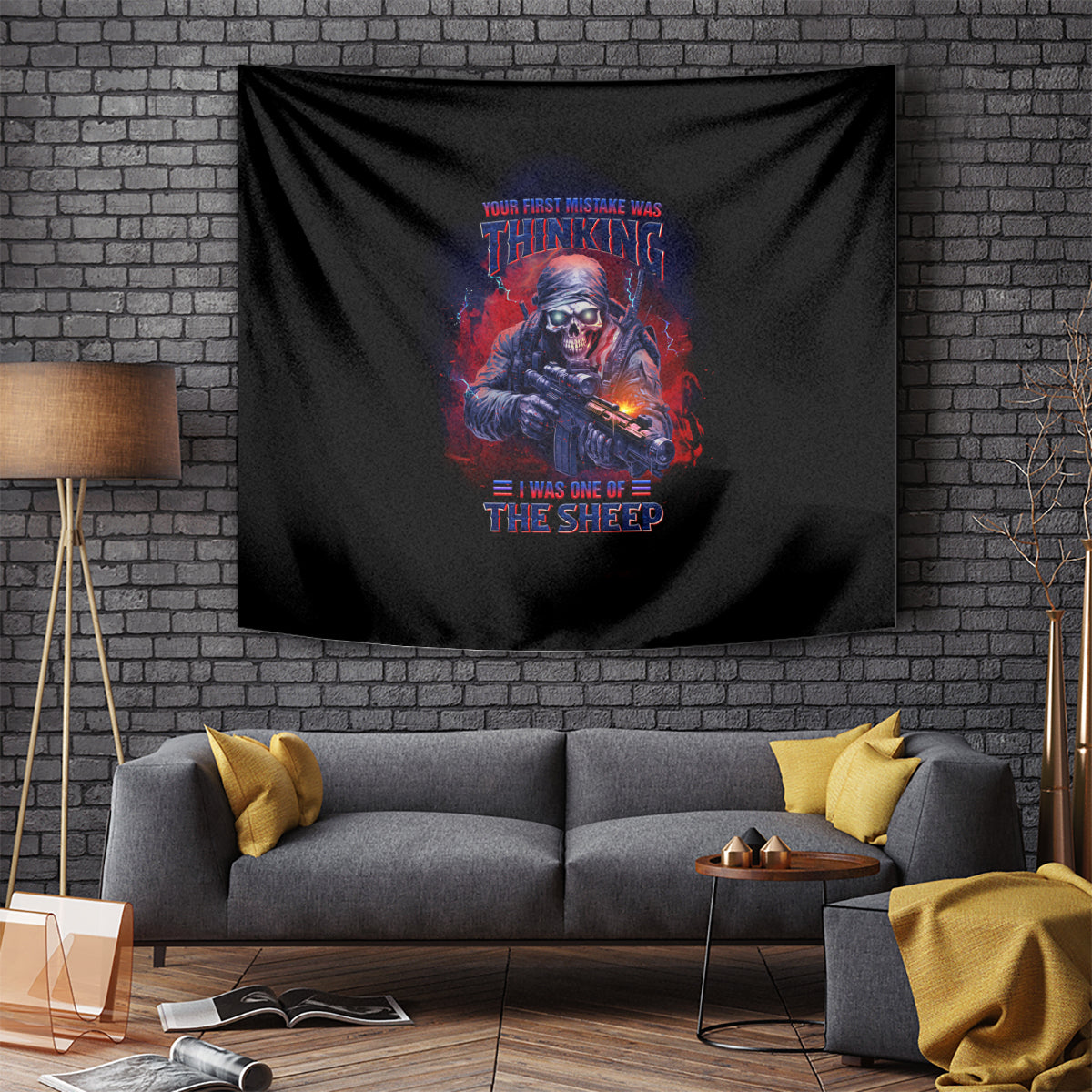 Black wall tapestry featuring skull holding a rifle with centered blue-red text