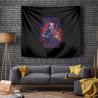 Black wall tapestry featuring skull holding a rifle with centered blue-red text