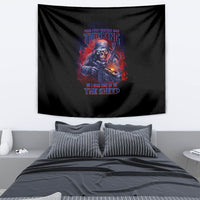 Black tapestry with skull holding a rifle and red-blue multicolor text graphic