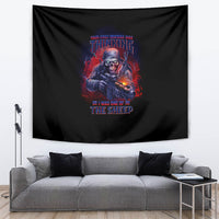 Black tapestry with skull holding a rifle, blue-red glow, and multicolor "THE SHEEP" text