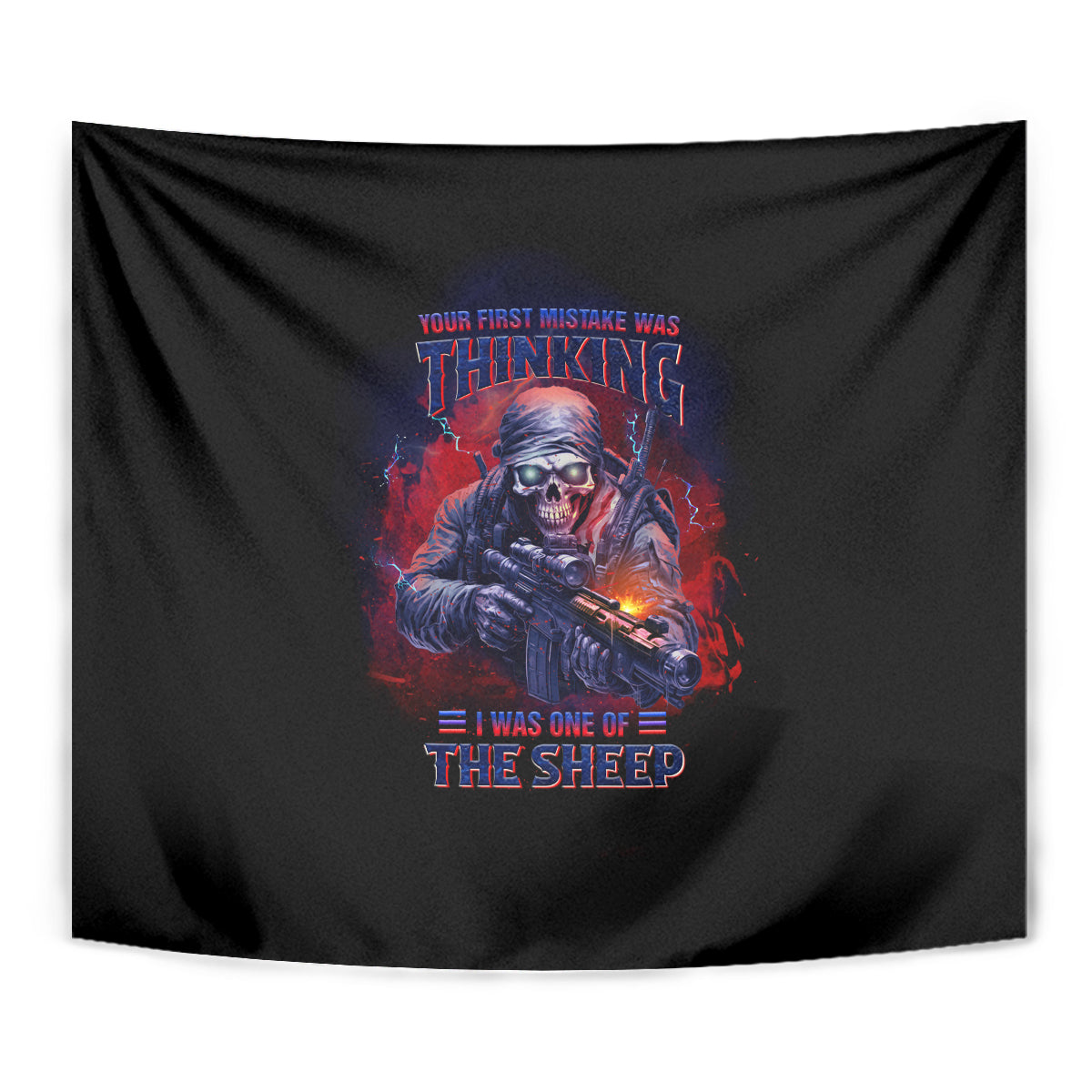 Black tapestry close-up of skull holding rifle with "THINKING" multicolor lettering