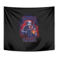 Black tapestry close-up of skull holding rifle with "THINKING" multicolor lettering
