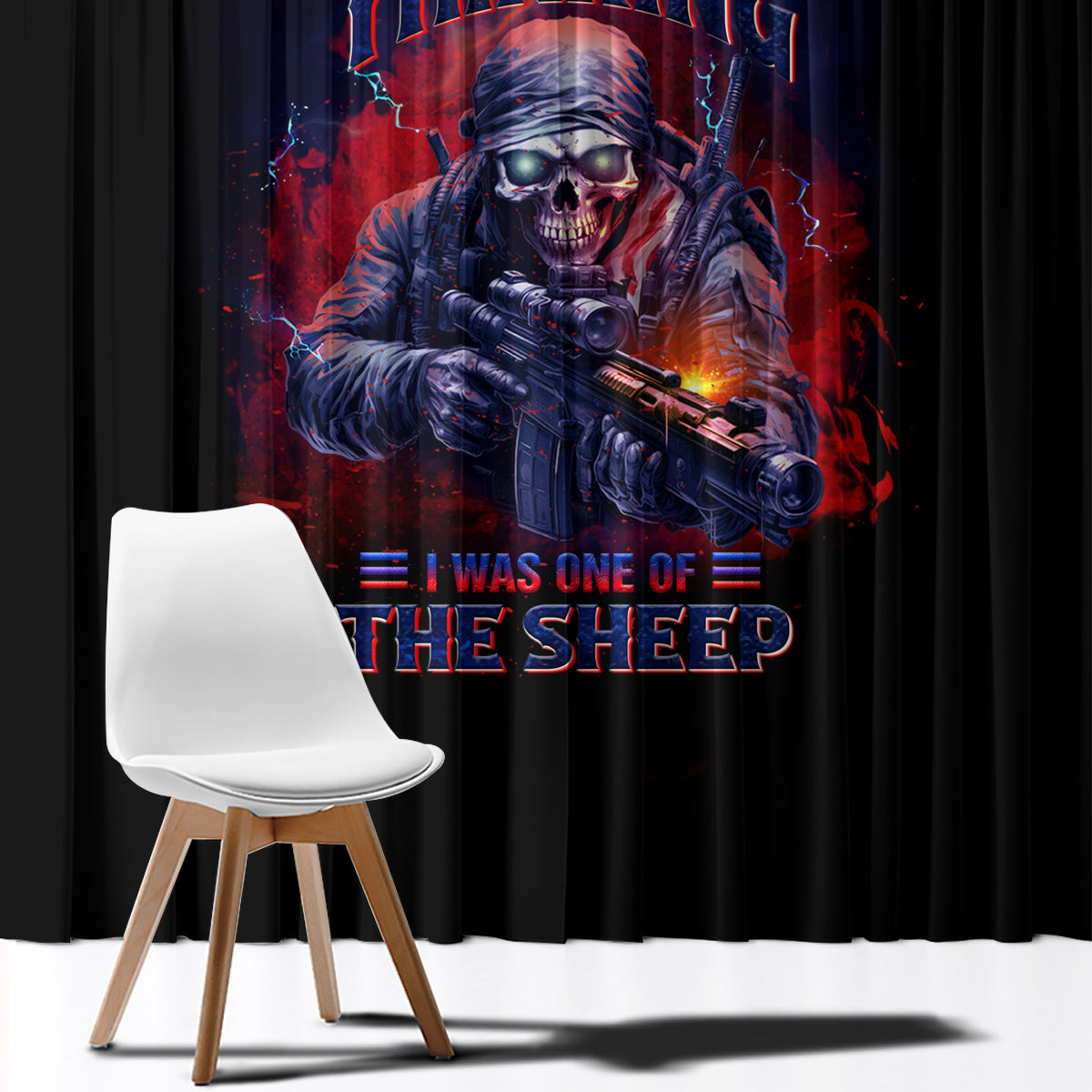 Black window curtain panel with multicolor sci-fi soldier graphic print