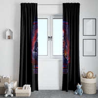 Pair of black window curtain panels with multicolor sci-fi graphic on front