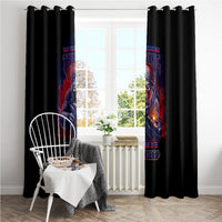 Black window curtain pair with multicolor graphic print, mounted on top rod